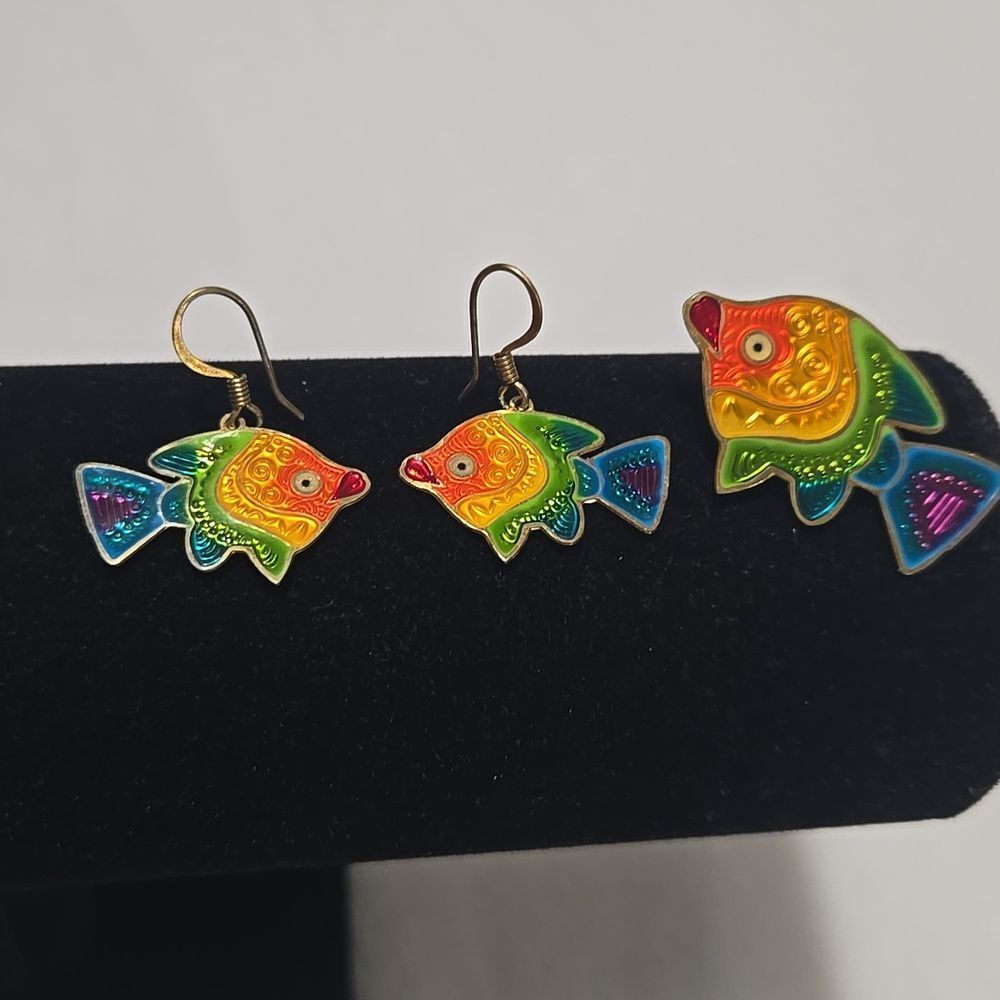 Colorful Fish Earrings And Pin Set - Picture 2 of 5